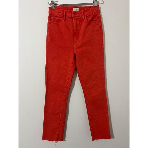 NEW Mother Red The Swooner Rascal Ankle Fray Jeans in Flame Scarlett Size 27 - Picture 2 of 8